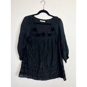 Monoreno black silk blend tunic mini dress - sz Md- floral applique whimsygoth